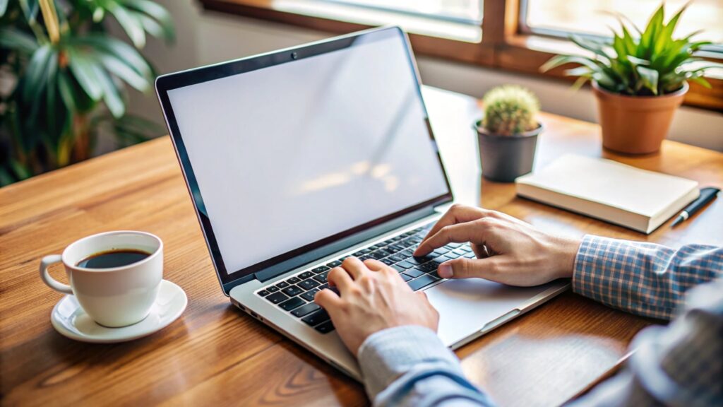 Person working on laptop at a desk.